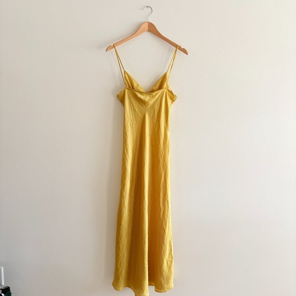 Zara Satin Effect Button V Neck Midi Dress Mustard Yellow Size Medium Blogger - Picture 5 of 8